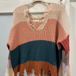Miracle Women's V-Neck Frayed Sweater - Pink, Teal, Tan